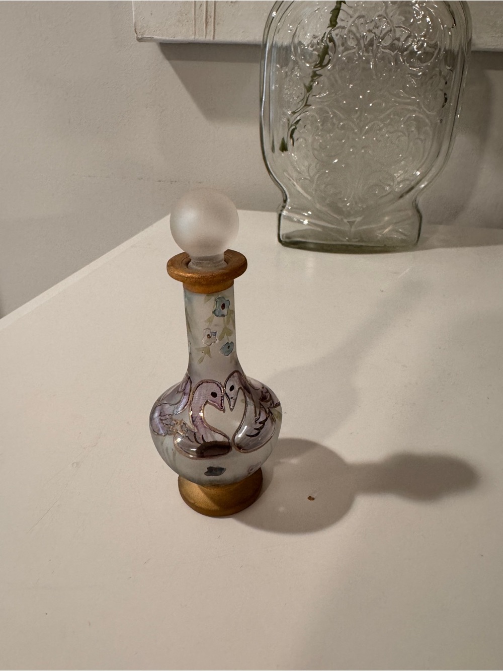 JBD Decorative White Glass Perfume Bottle with Gold Accents Maid in France.